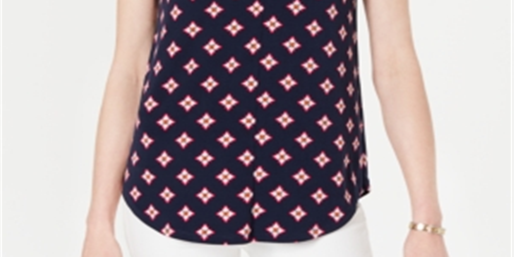 Charter Club Women's V Neck Printed Blouse Navy Size PSM