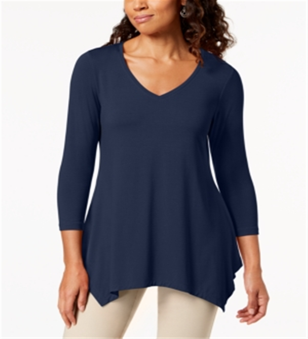 JM Collection Women's  V-Neck Handkerchief-Hem Top Blue Size X-Small