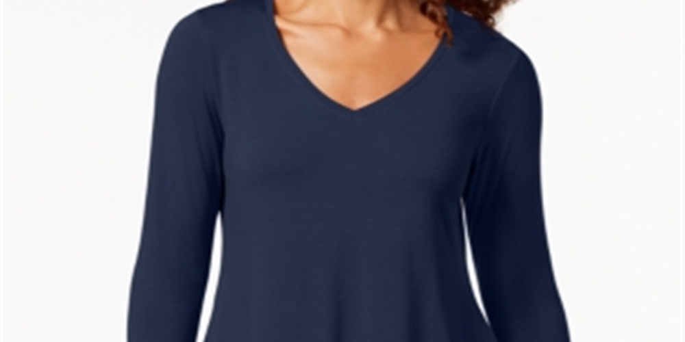 JM Collection Women's  V-Neck Handkerchief-Hem Top Blue Size X-Small