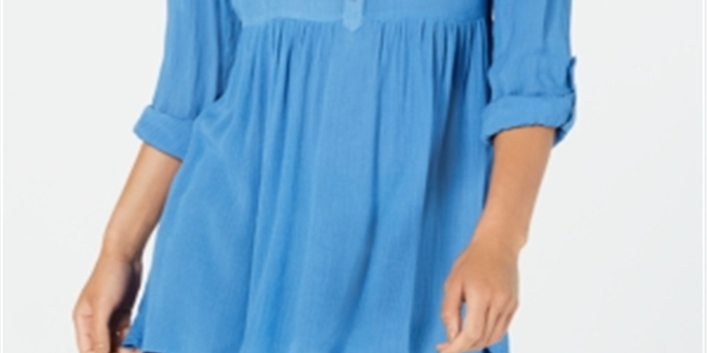 Style & Co Women's Roll Sleeve Oversized Shirt Blue Size Medium
