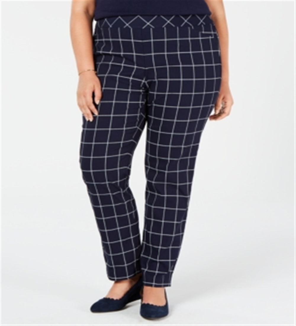 Charter Club Women's Plus Lexia Windowpane Plaid Pants Blue Size 22W