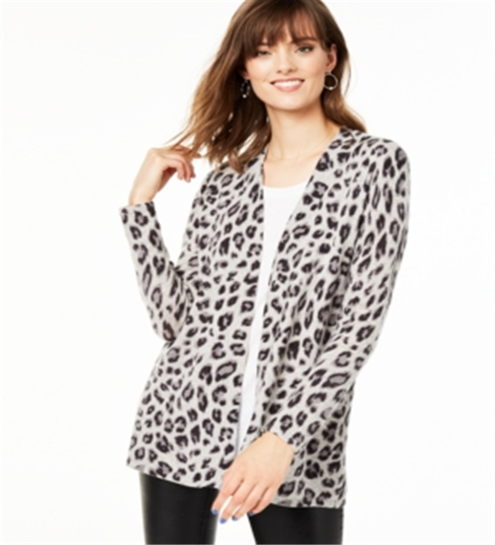 Charter Club Women's Animal Print Pure Cashmere Cardigan Gray Size Petite L