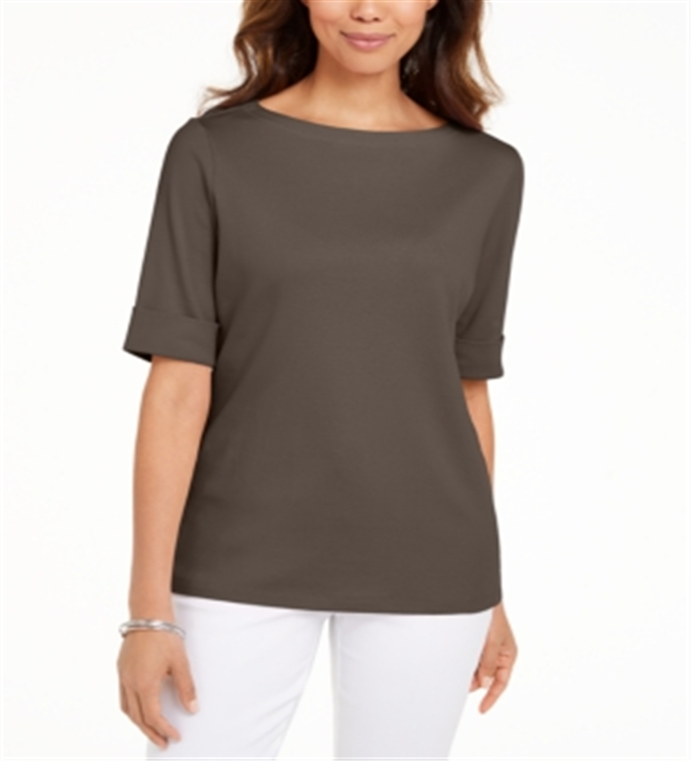 Karen Scott Women's Boat Neck Elbow Sleeve Top Brown Size Small