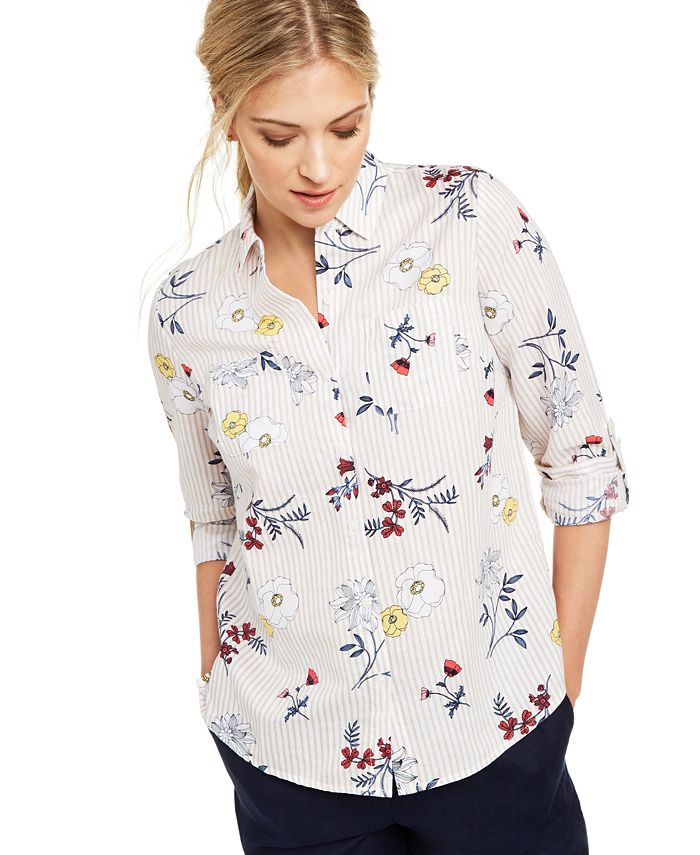 Charter Club Women's Floral Print Button Down Linen Shirt White Size XS