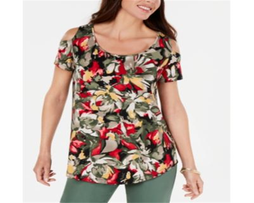 JM Collection Women's Printed Cold Shoulder Top Green Size Medium