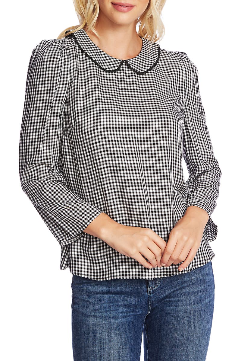 CeCe Women's Check Long Sleeve Peter Pan Collar Top Black Size Small