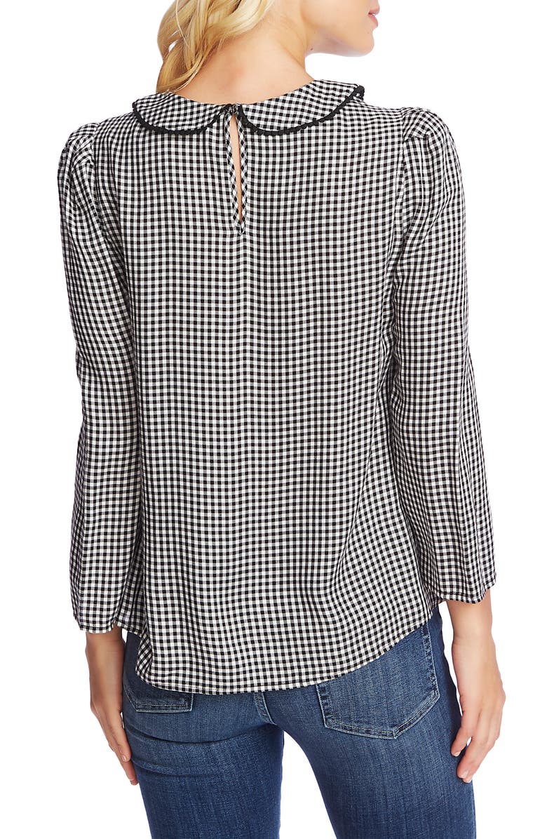 CeCe Women's Check Long Sleeve Peter Pan Collar Top Black Size Small