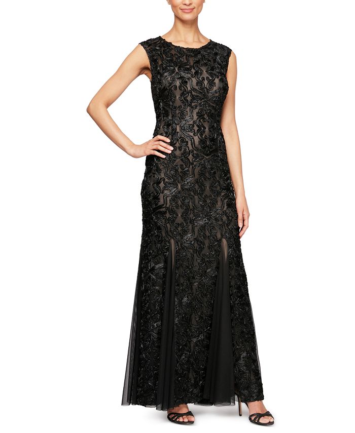 Alex Evenings Women's Floral Sleeveless Jewel Neck Full Length Fit Flare Formal Dress Black Size 14