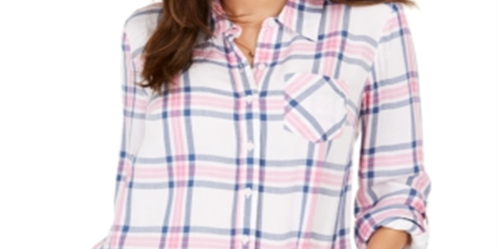 Style & Co Women's Plaid One Pocket Shirt White Size Medium
