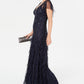 Adrianna Papell Women's Short Sleeve Full Length Sheath Evening Dress Blue Size 2