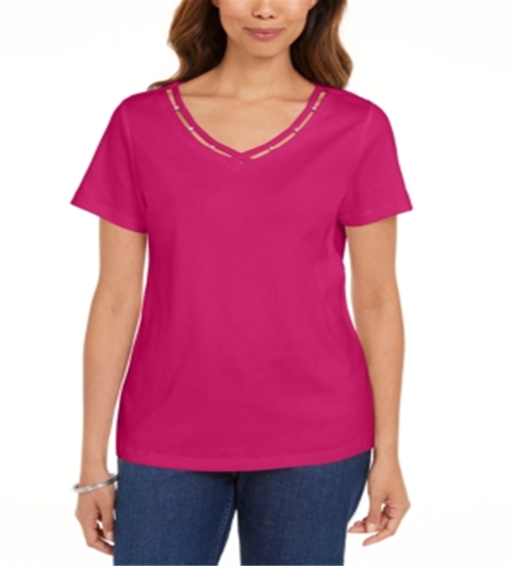 Karen Scott Women's Cotton Open Trim V Neck T-Shirt Pink Size Small