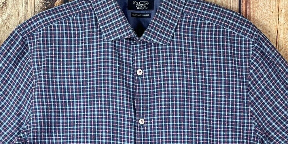 Penguin Men's Munsingwer Stretch Heritage Slim Fit Button up Shirt Blue Size 16.5X32-33