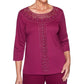 Alfred Dunner Women's Tunics Lace Yoke Three Quarter Sleeve Top Wine Size Petite M