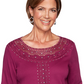Alfred Dunner Women's Tunics Lace Yoke Three Quarter Sleeve Top Wine Size Petite M