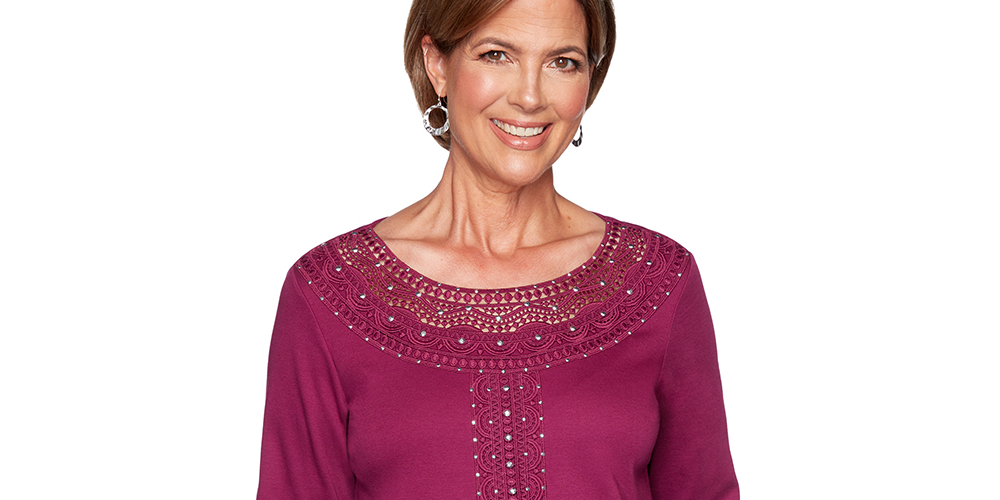 Alfred Dunner Women's Tunics Lace Yoke Three Quarter Sleeve Top Wine Size Petite M
