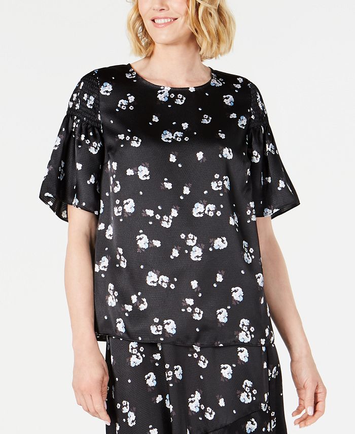 Alfani Women's Floral Print Satin Smocked Shoulder Top Black Size XX-Large