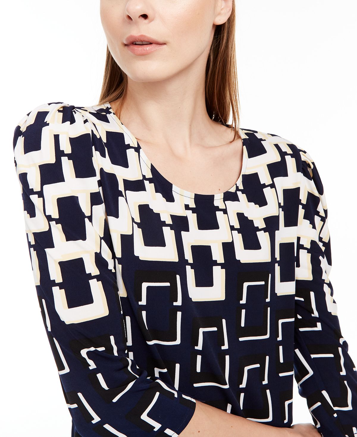 Alfani Women's Patterned 3/4 Sleeve Scoop Neck Top Blue Size Petite X-Large