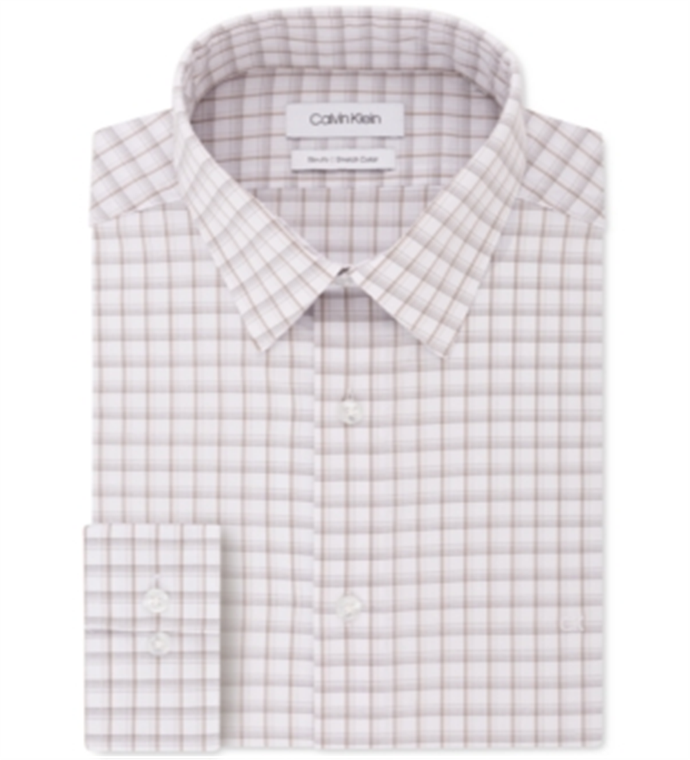 Calvin Klein Men's Slim Fit Stretch Collar Check Dress Shirt Beige Size 16X34-35