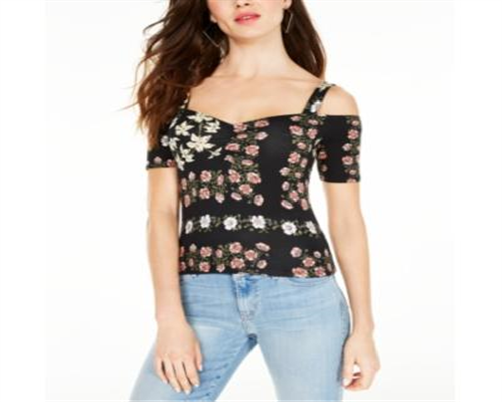 Guess Women's Ruched Front Open Shoulder Jada Crop Top Black Size Medium