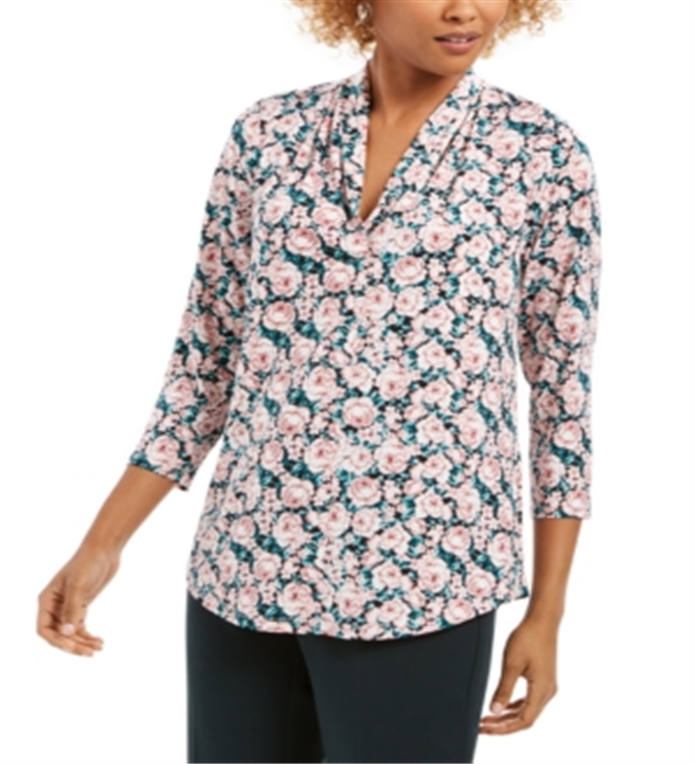 Charter Club Women's Floral Print Ruched V Neck Blouse Pink Size XX-Large