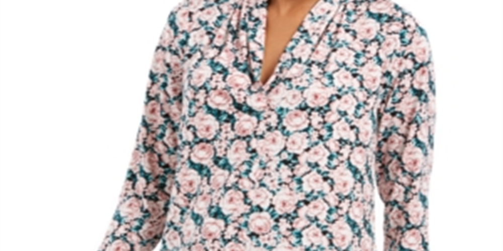 Charter Club Women's Floral Print Ruched V Neck Blouse Pink Size XX-Large