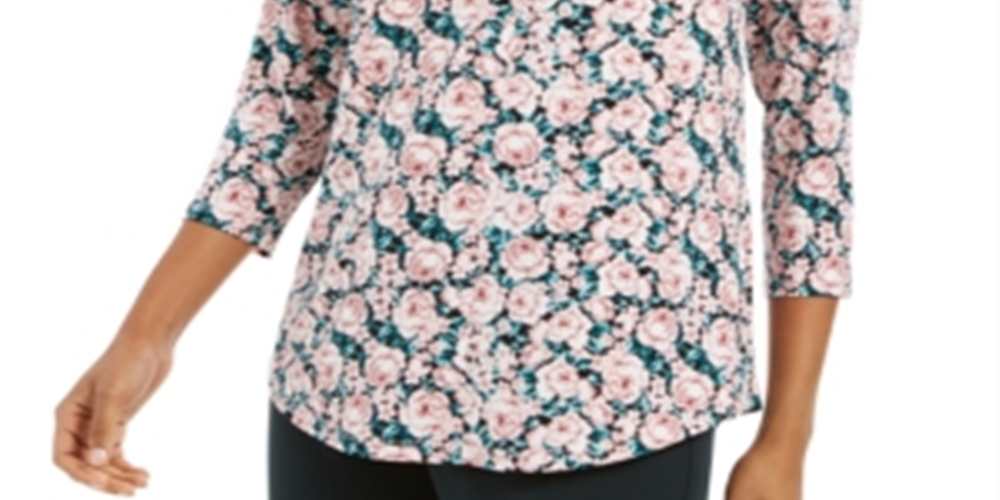 Charter Club Women's Floral Print Ruched V Neck Blouse Pink Size XX-Large