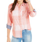 Tommy Hilfiger Women's Coral Plaid Long Sleeve Button up Top Orange Size Medium