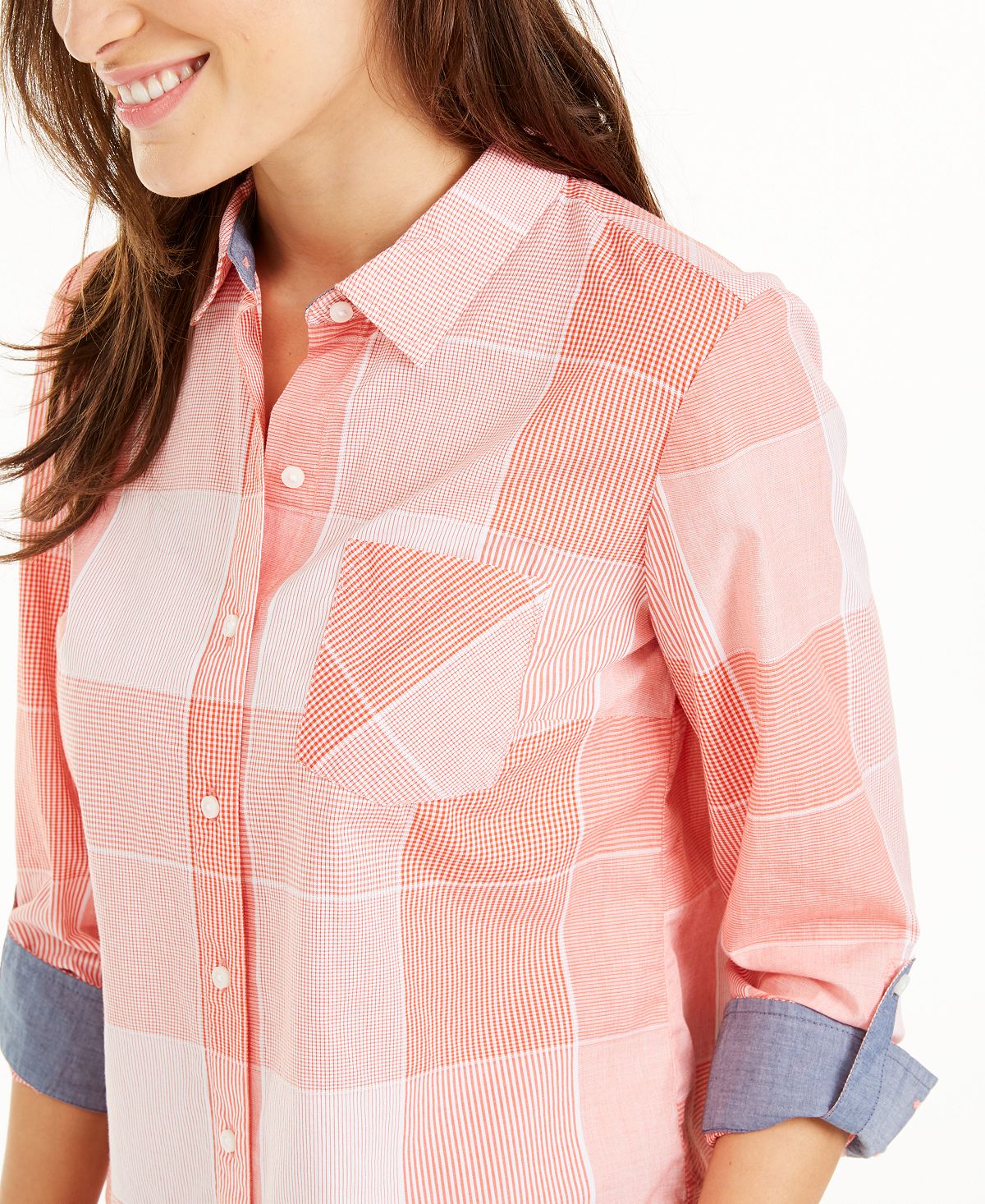 Tommy Hilfiger Women's Coral Plaid Long Sleeve Button up Top Orange Size Medium