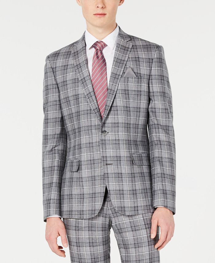 Bar III Men's Linen Plaid Two Button Blazer Gray Size 46