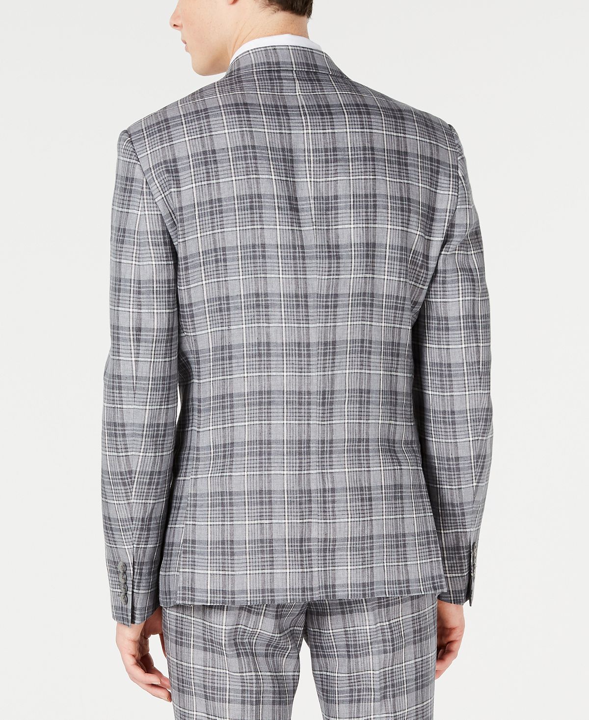 Bar III Men's Linen Plaid Two Button Blazer Gray Size 46