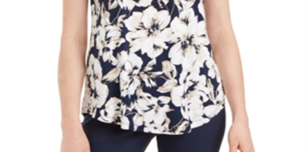 JM Collection Women's Floral Print Scoop Neck Top Blue Size X-Large