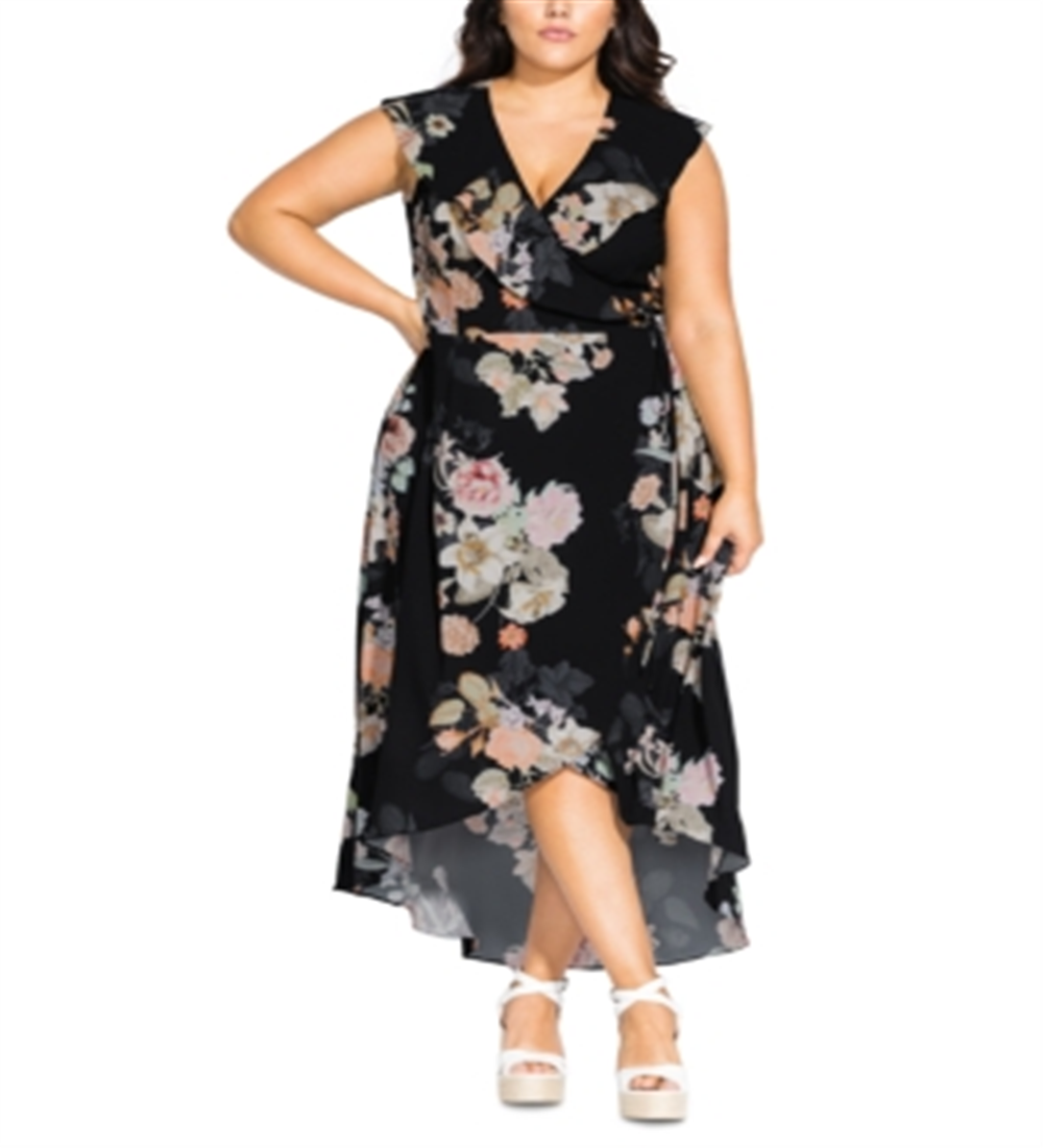 City Chic Women's Plus Floral Knot Front Wrap Dress Black Size 18W