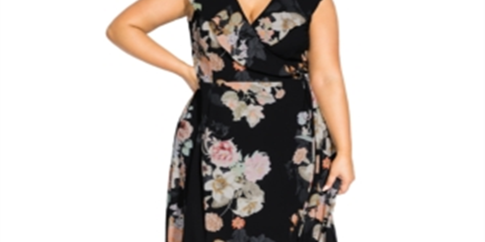 City Chic Women's Plus Floral Knot Front Wrap Dress Black Size 18W