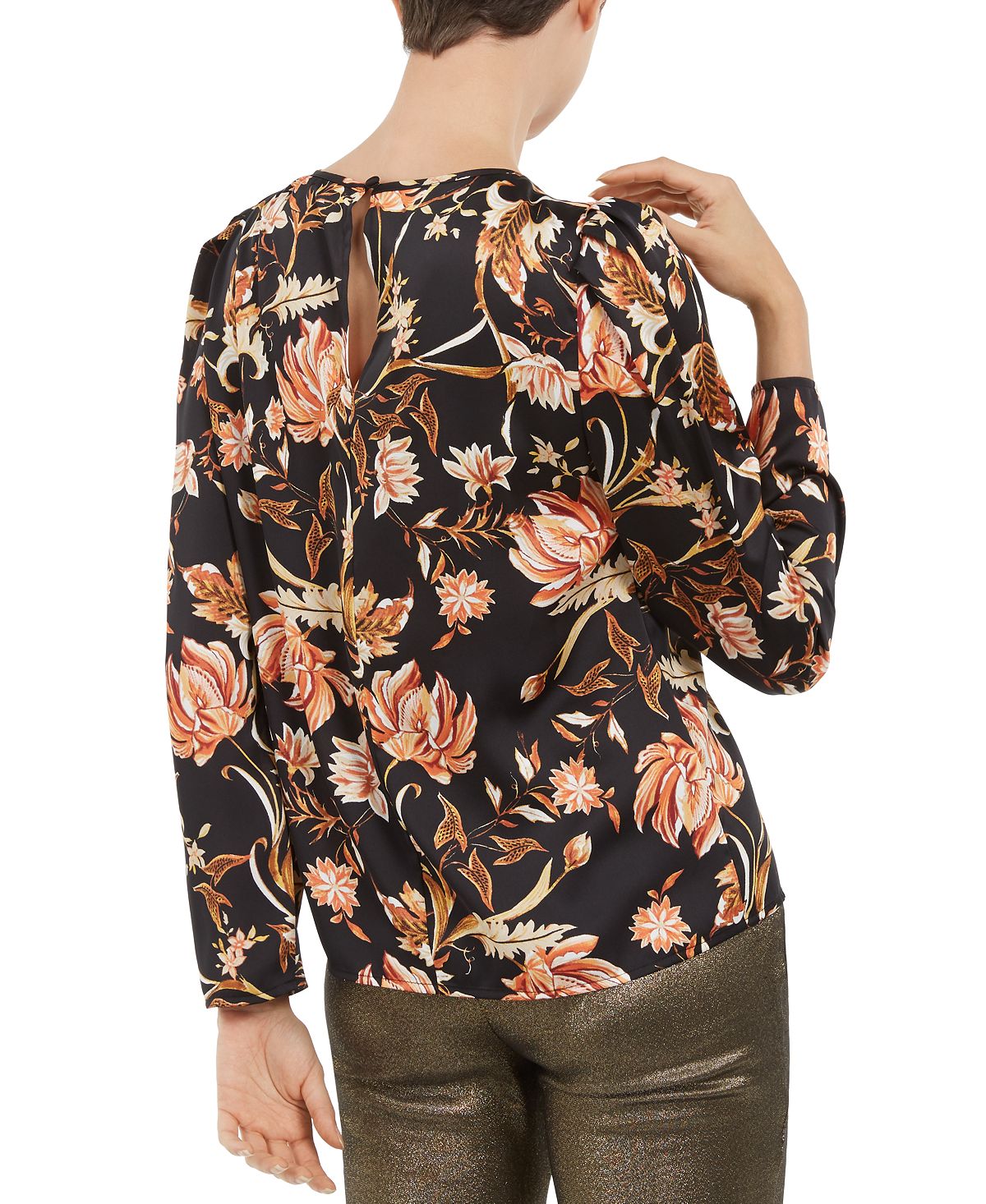 INC International Concepts Women's Floral Print Puff Sleeve Top Black Size Medium