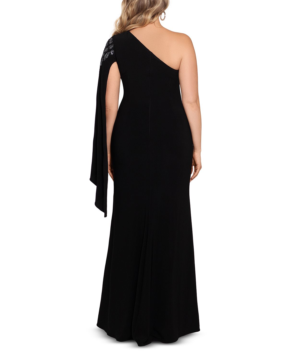 XSCAPE Women's One Shoulder Beaded Cape Gown Black Size 16W