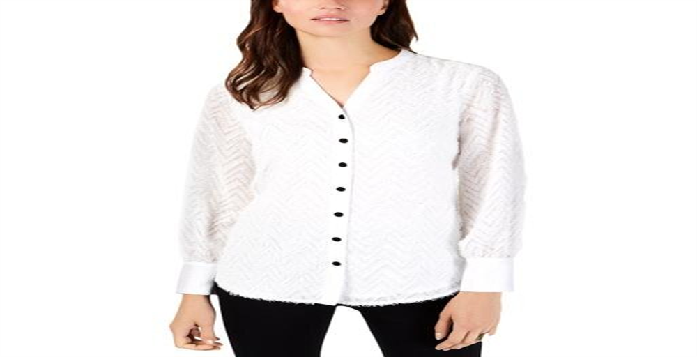 Alfani Women's Fringe Long Sleeves Button Down Top Brown Size X-Large