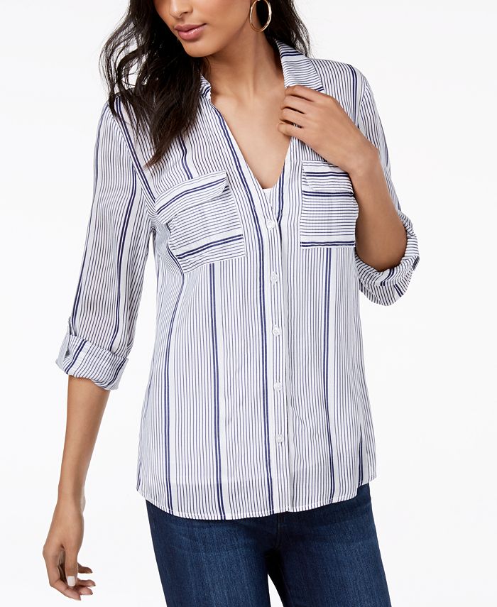 INC International Concepts Women's Striped Flap Pocket Shirt Blue Size X-Small