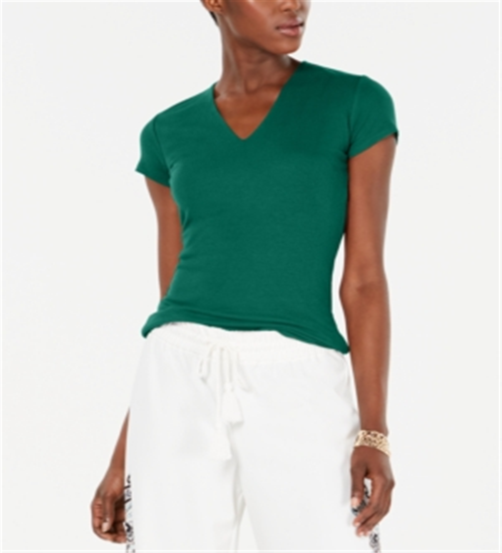 INC International Concepts Women's Short Sleeve Ribbed V Neck Top Green Size Large