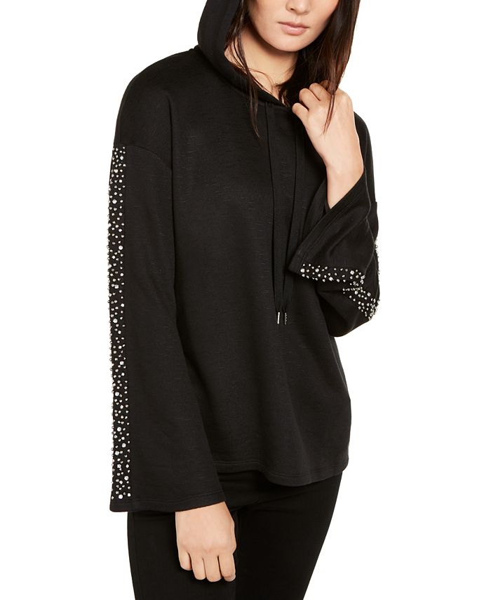 INC International Concepts Women's Embellished Sleeve Hoodie Black Size Large