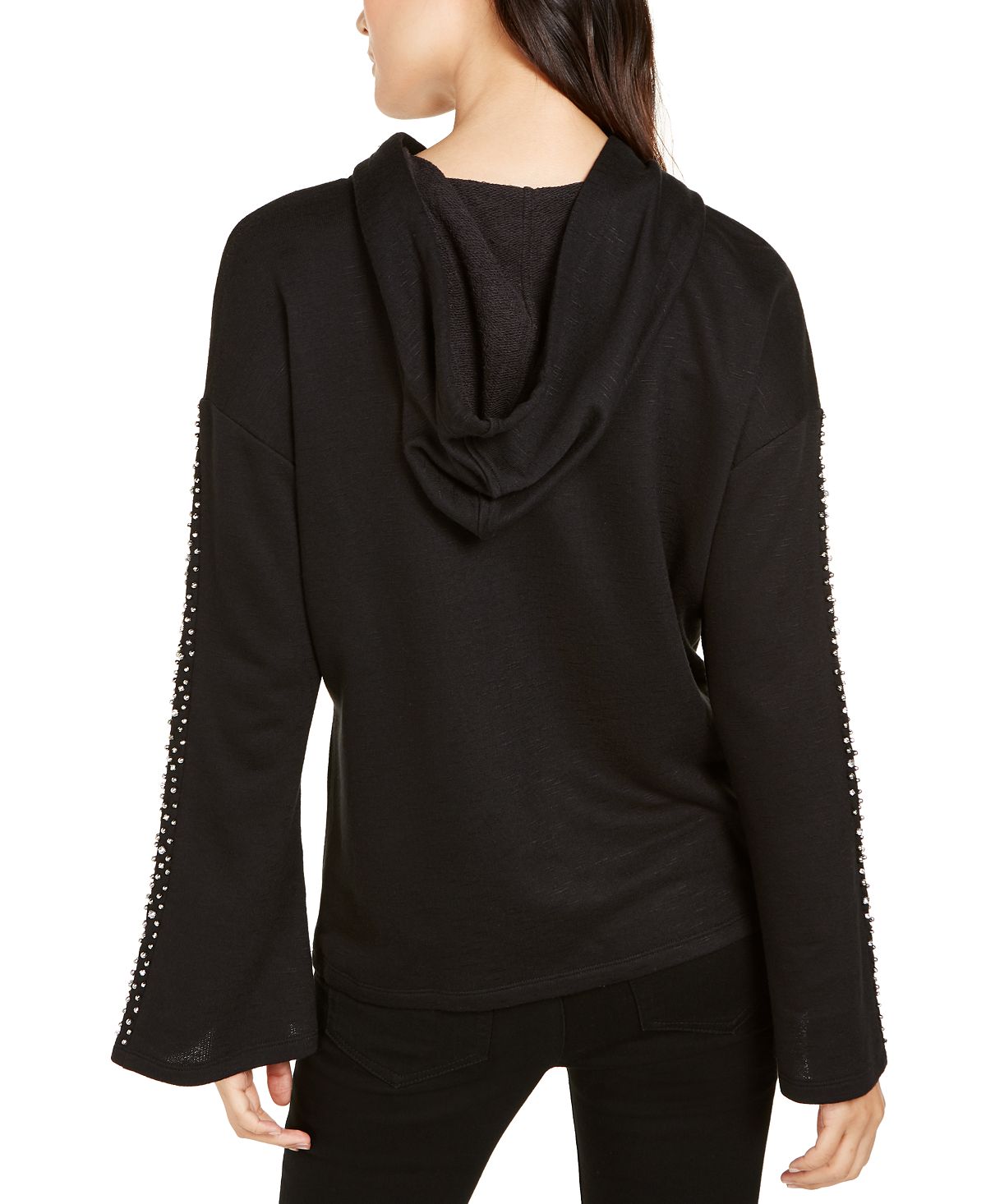 INC International Concepts Women's Embellished Sleeve Hoodie Black Size Large
