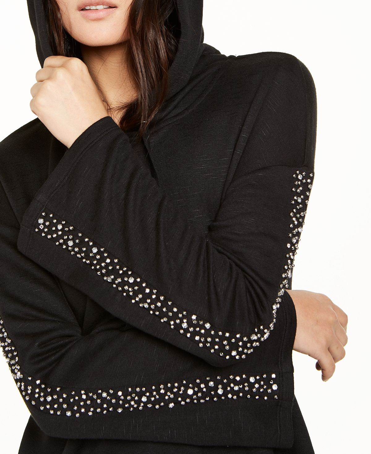 INC International Concepts Women's Embellished Sleeve Hoodie Black Size Large