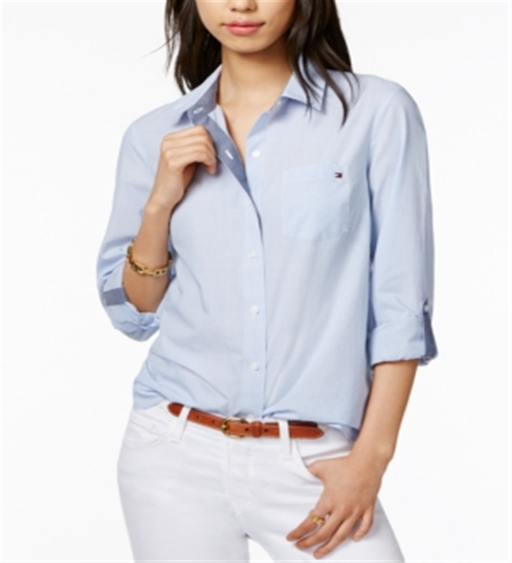 Tommy Hilfiger Women's Cornflower Cornell Stripe Roll Tab Button Down Shirt Blue Size Small