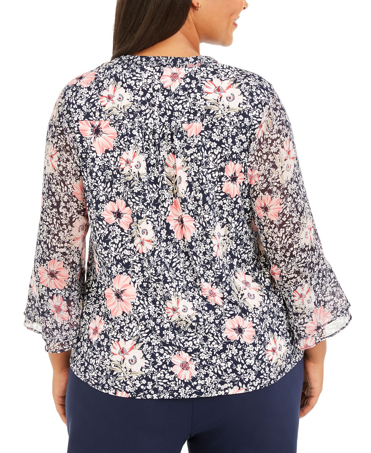 Charter Club Women's Plus Floral Print Pleated Top Blue Size 1X