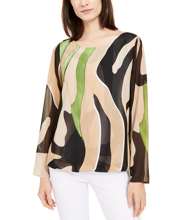 Alfani Women's Printed Bubble Hem Top Brown Size X-Small