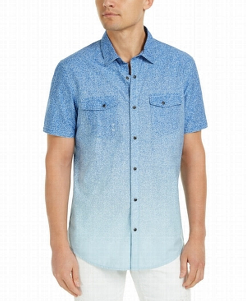 INC International Concepts Men's Ombre Printed Dual Pocket Button up Shirt Blue Size XX-Large