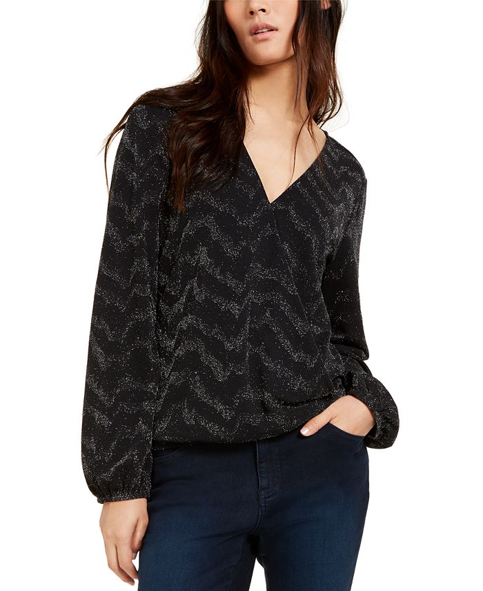 INC International Concepts Women's Metallic Surplice Top Black Size Small