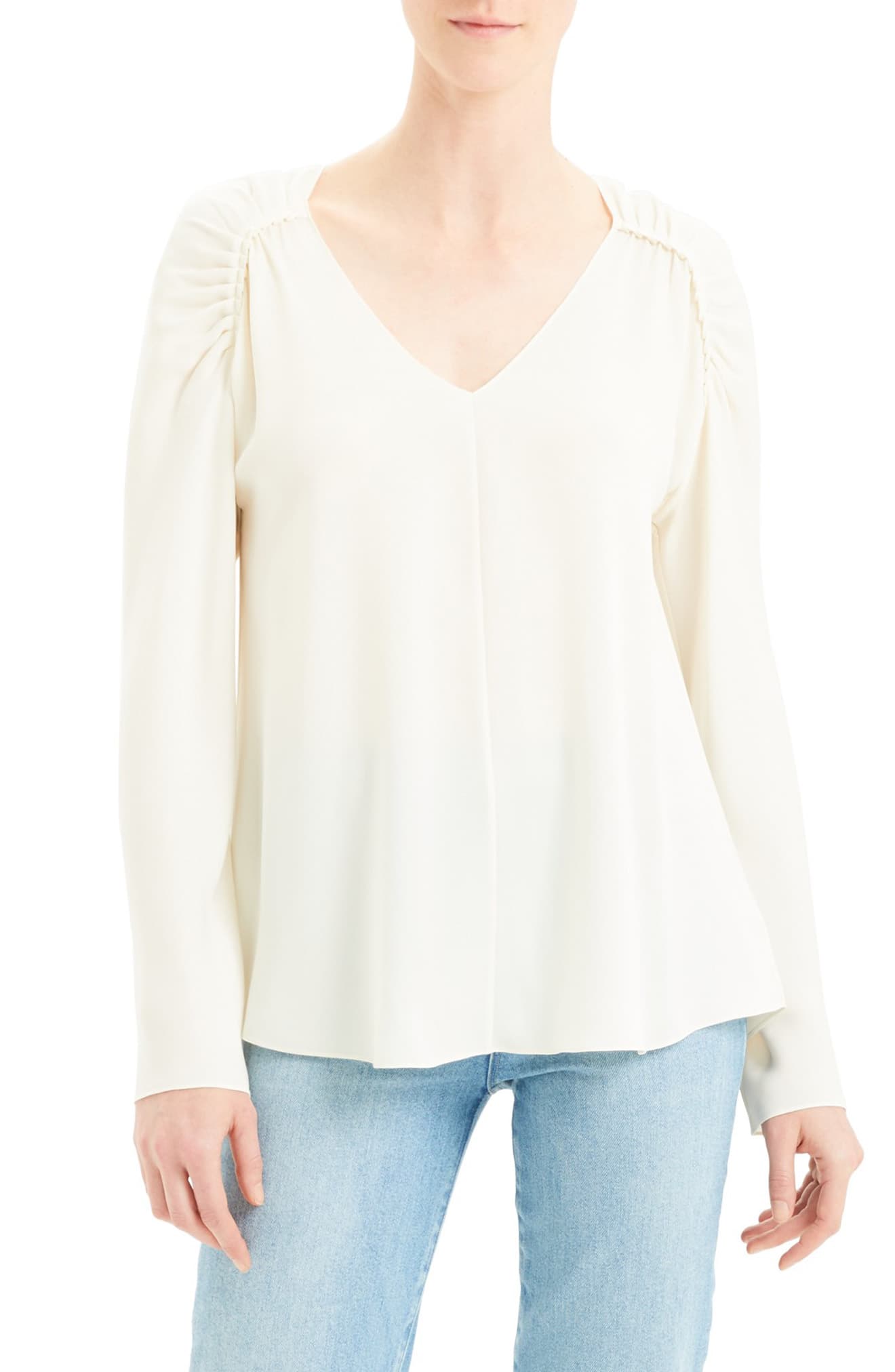 Theory Women's Silk Shirred Shoulder Top White Size Petite