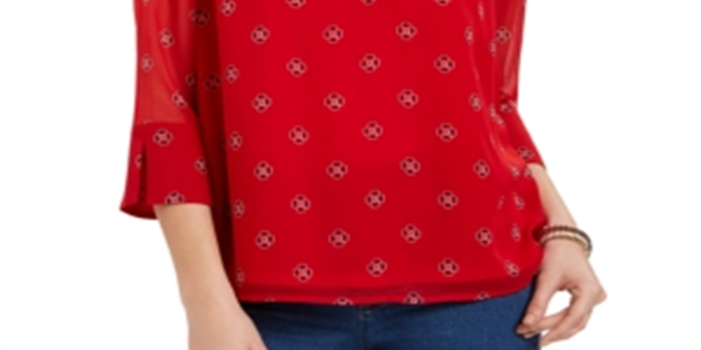 Charter Club Women's Printed Split Neck Bell Sleeve Top Red Size Petite L