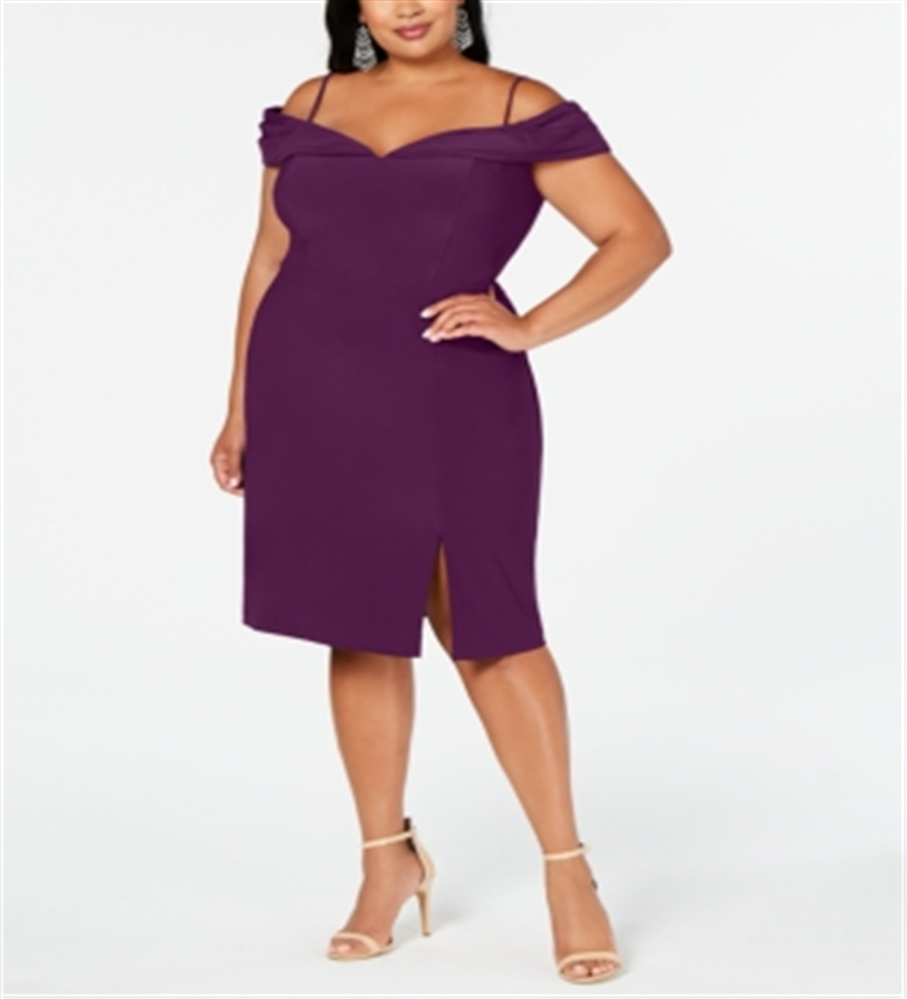 Morgan & Company Women's Plus Off the Shoulder Side Slit Cocktail Dress Purple Size 16W