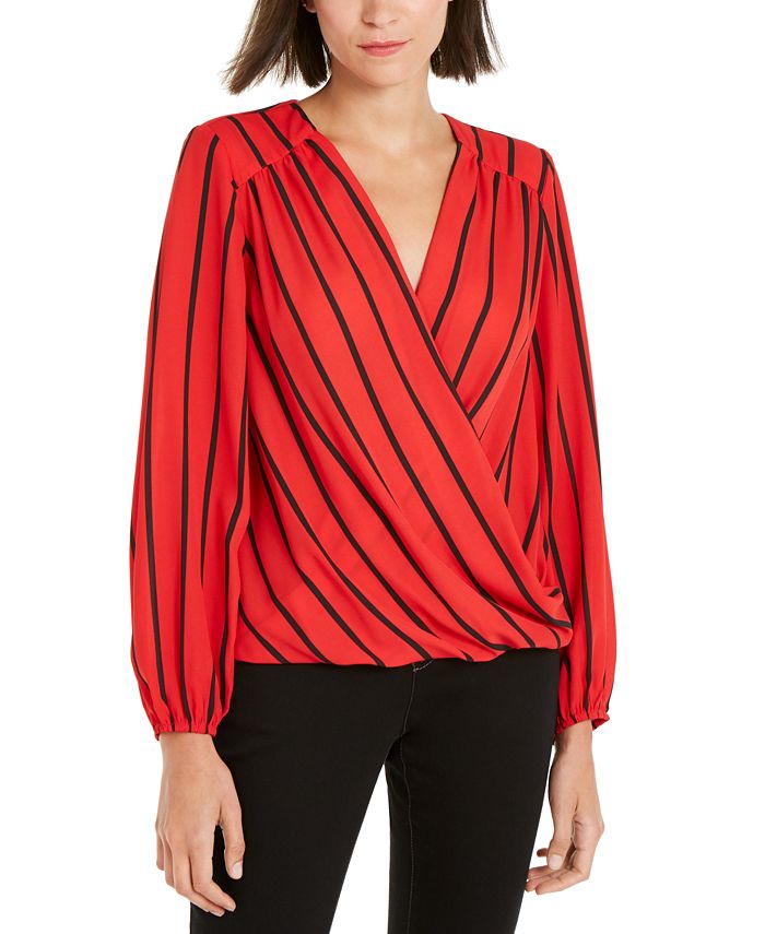 INC International Concepts Women's Striped Long Sleeve V Neck Wear to Work Top Red Size Large